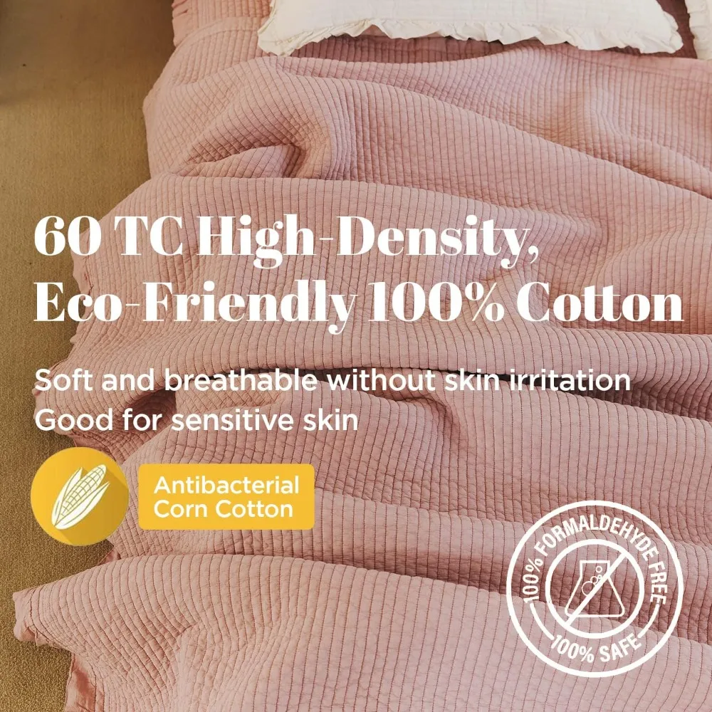 غطاء سرير مزدوج الحجم مزركش بالقطن، 63 × 83 بوصة - بطانية مبطنة ناعمة قابلة للتنفس ومغسولة