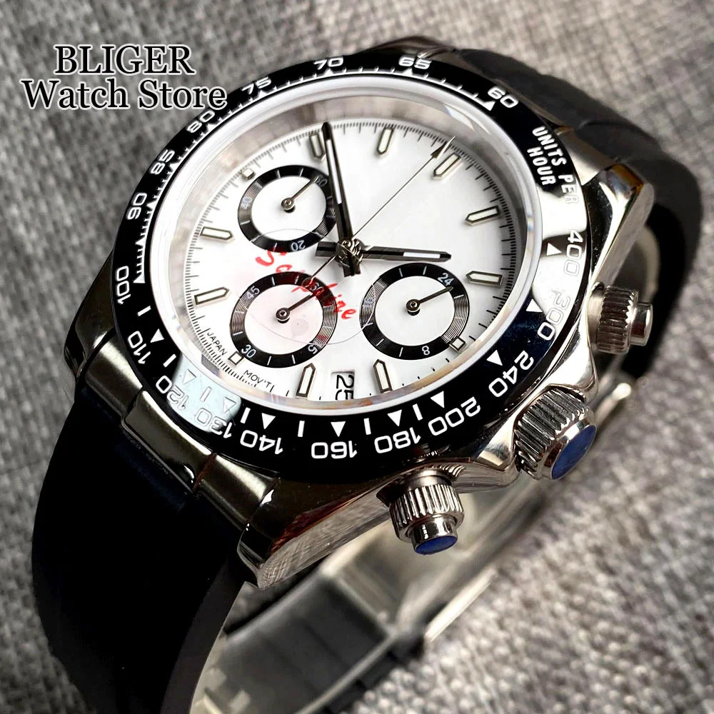 Fashion 39mm Quartz Chronograph Business Sapphire Crystal Men\'s Watch VK63 Movement Calendar Stainless Steel White Black Dial