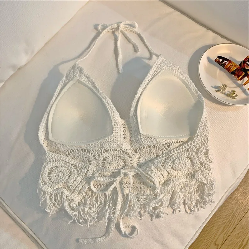 Zomer Nieuwe Gebreide Band Vest Vrouwen Design Sensation Bovenkleding Strand Mooie Ba Opknoping Ne Riem Witte Borst Pad Top