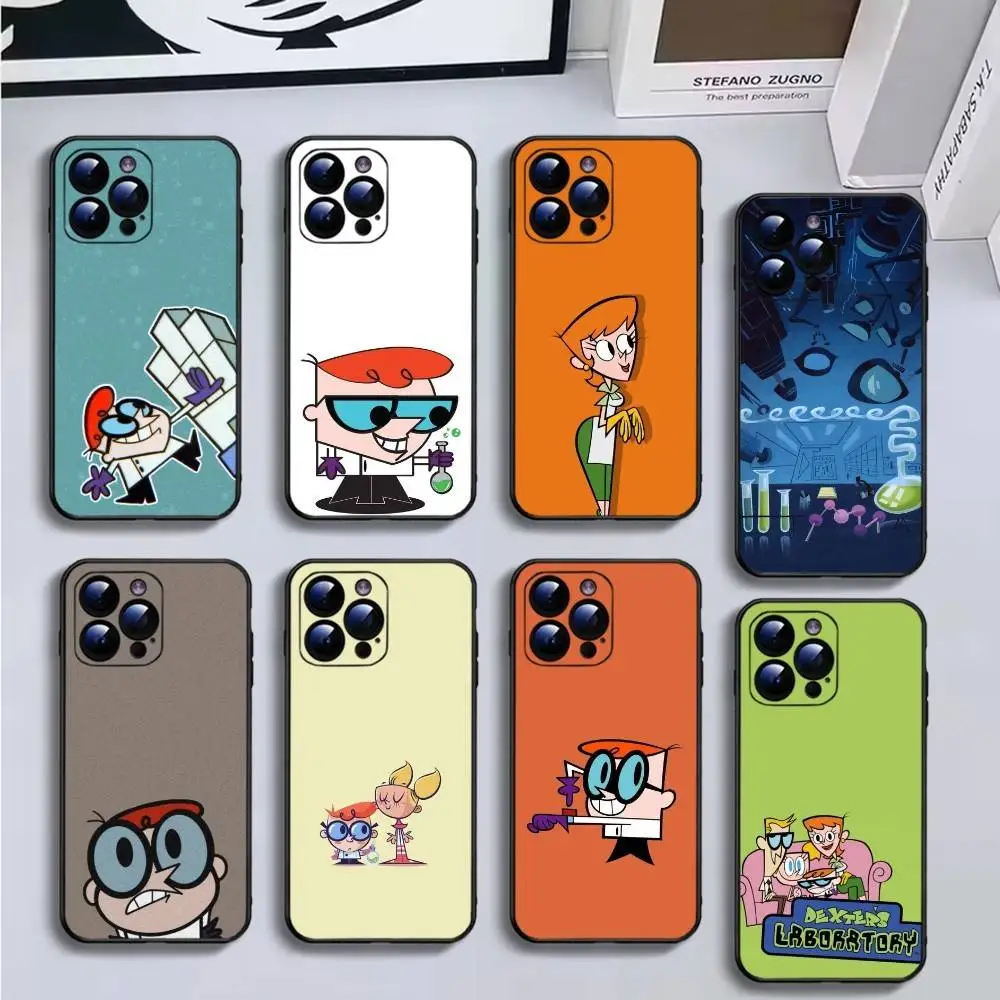 حافظة هاتف كارتون D-Dexters Lab لهاتف iPhone16,15,14,13,12,11 Plus,Pro Max,XS,X,XR,SE,Mini,8,7,غطاء أسود ناعم