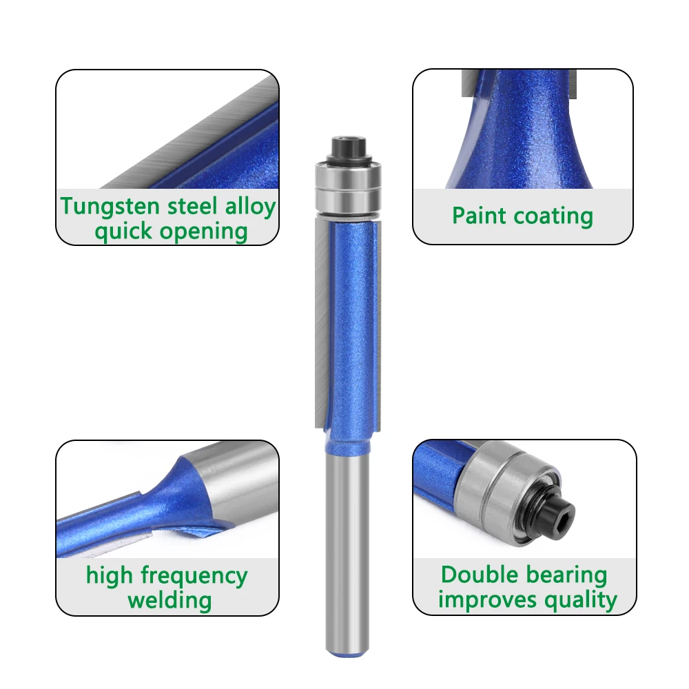 LAVIE 6MM 6.35MM Shank Bantalan Ganda Flush Trim Bit Router Bit Woodworking Milling Cutter untuk Kayu Bit Face Mill