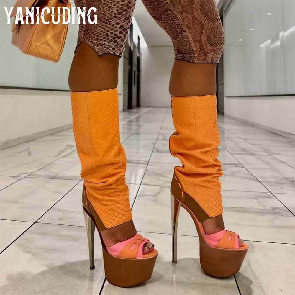 

Multicolor Faux Python Leather Platform Sandal Boots Calf Length Peep Toe Stiletto Summer Boots Designer Style High Heeled Boots