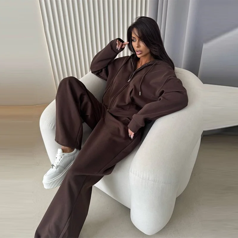 

9 Colors Casual Solid Color Sports Suit Long Sleeved Zipper Cardigan Hooded Sweatshirt Lace Up Long Pants 2pcs Set Autumn Outfit