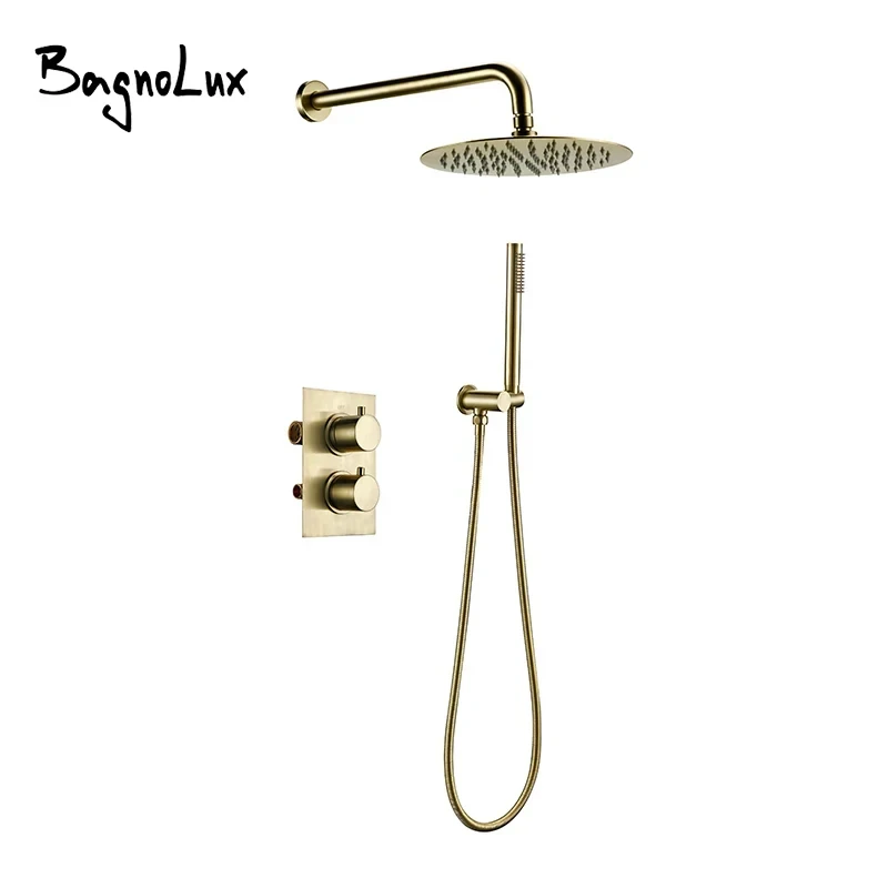 Bursh Gold Thermostatic Shower Faucet Set Bathroom System With Rain Handheld Wall Mount Luxury Mixer Tap With Conceal Diverter