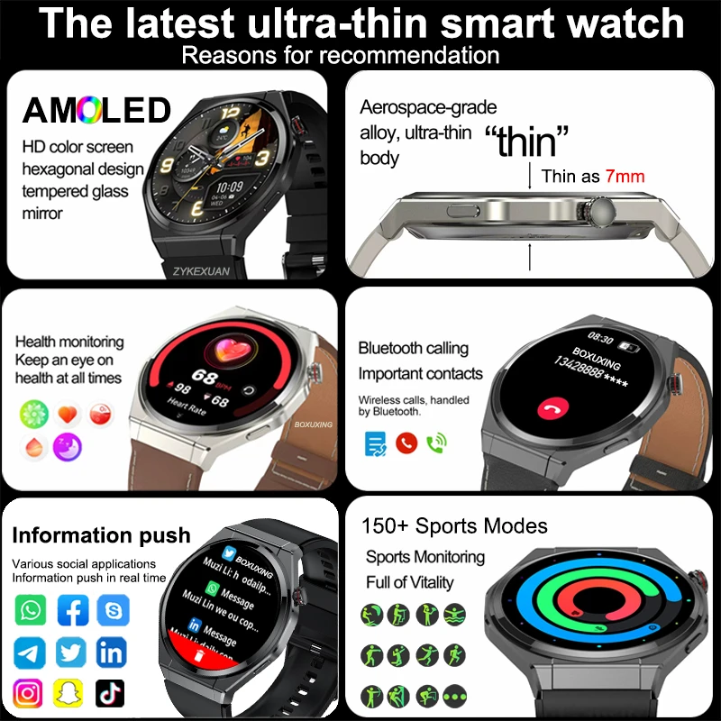 New Ultra Thin Smart Watch Men Woman HD AMOLED NFC 150+Sports Health Monitor Bluetooth Call IP68 Waterproof GPS Track Smartwatch