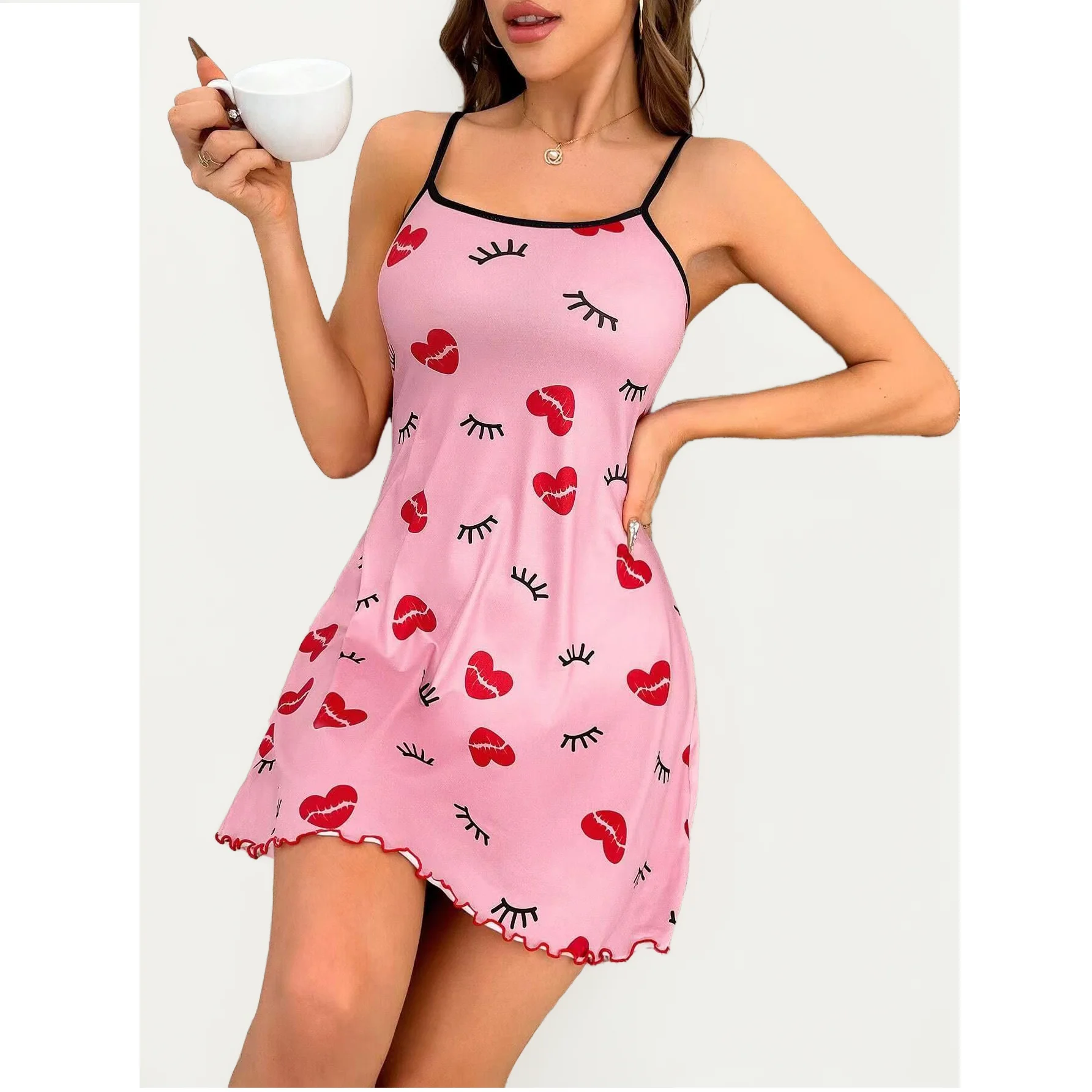 Women Pajamas Nightgowns Nightdress Slip Skirt S M L Love Printing Comfortable Ventilate Casual Fashion Summer