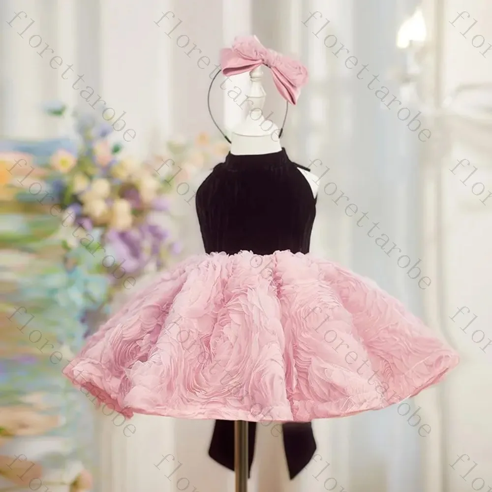 Customized 2026 Black Velvet Pink Ruffle Flower Girl Dress Halter Sleeveless A Line Short Gown Wedding Birthday Party for Kids