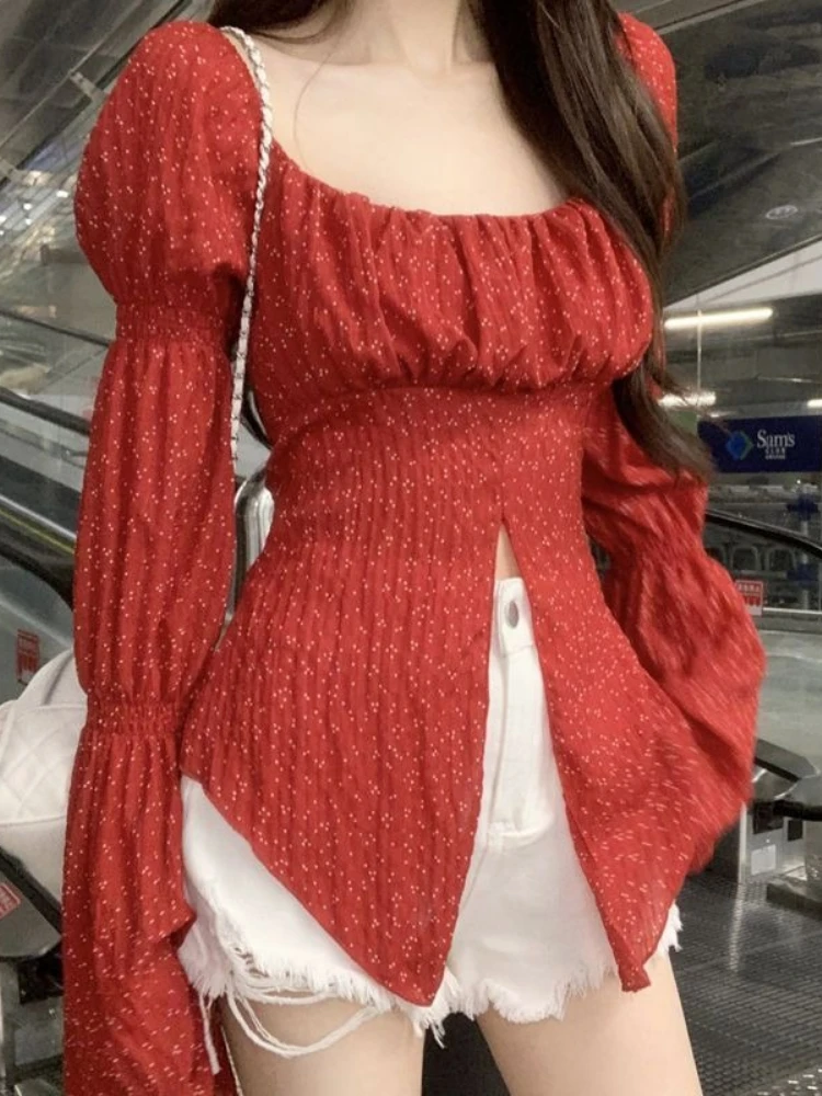 

Шикарная винтажная блузка с принтом, женская одежда, корейские топы с расклешенными рукавами, 2025, Camisas De Mujer, модная плиссированная рубашка с разрезом на шее