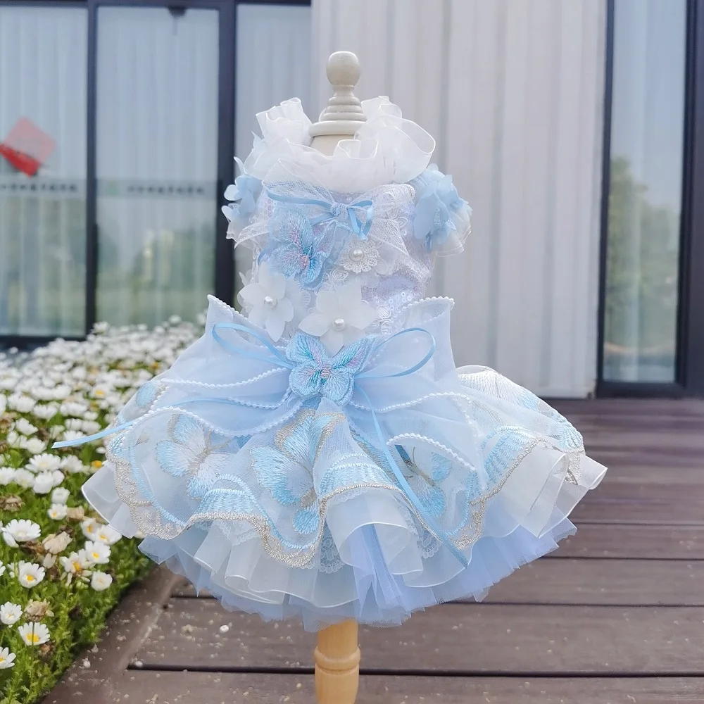 

Handmade Dog Clothes Pet Supplies Shiny Sequin Light Blue Butterfly Tutu Tulle Bubble Skirt Princess Dress Breathable One Piece