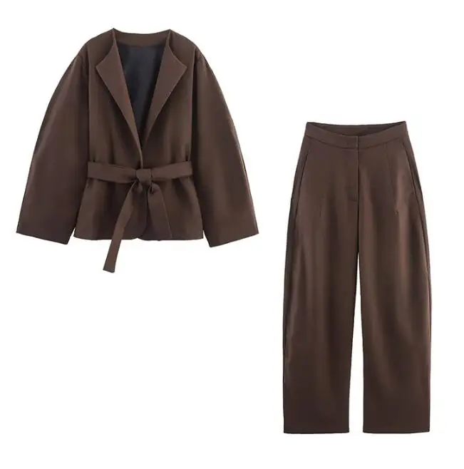 

SuperAen, новинка осени 2025, европейский и американский стиль, дизайн с круглым вырезом, пальто с длинными рукавами на талии, комплекты длинных широких брюк