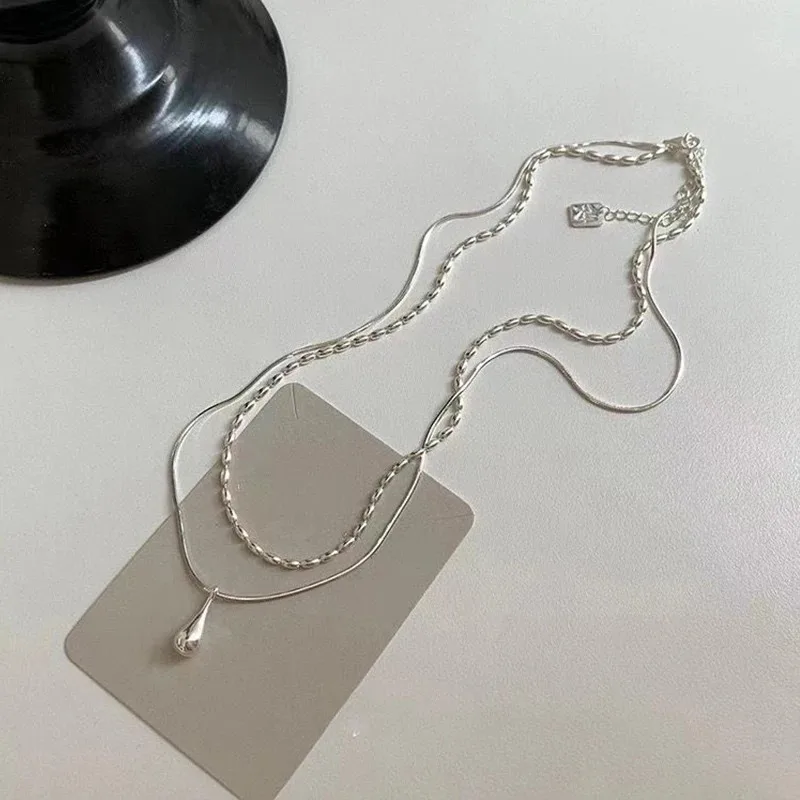 Nova cor de prata design simples longo gota pingente colar para mulheres meninas dupla camada clavícula corrente moda jóias presentes