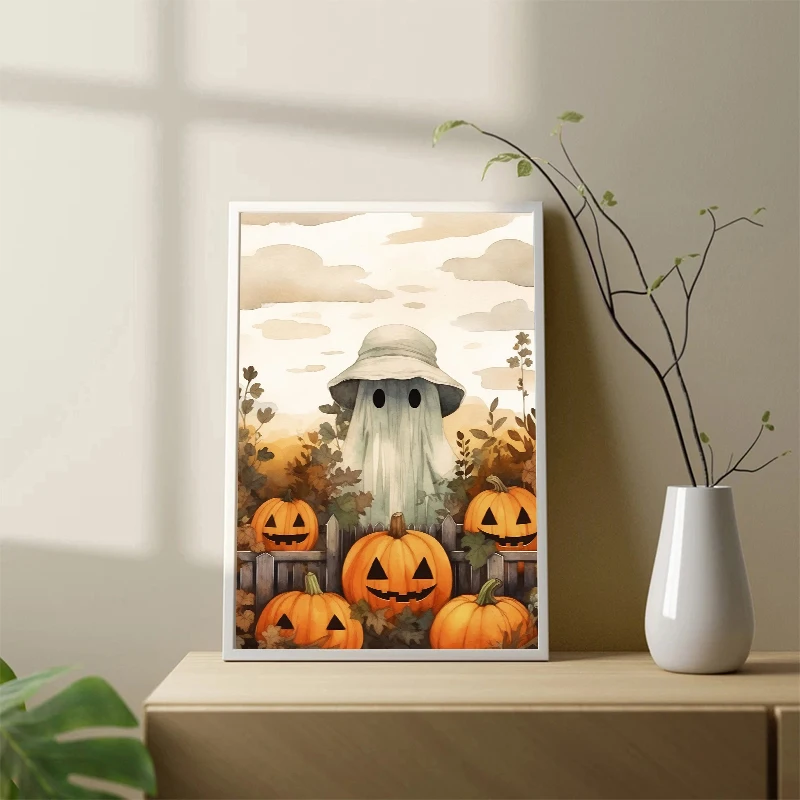 White Ghost Kawaii Halloween Pumpkin Wall Art Canvas Painting White Ghost Life Posters Prints Wall Picture for Room Home Decor