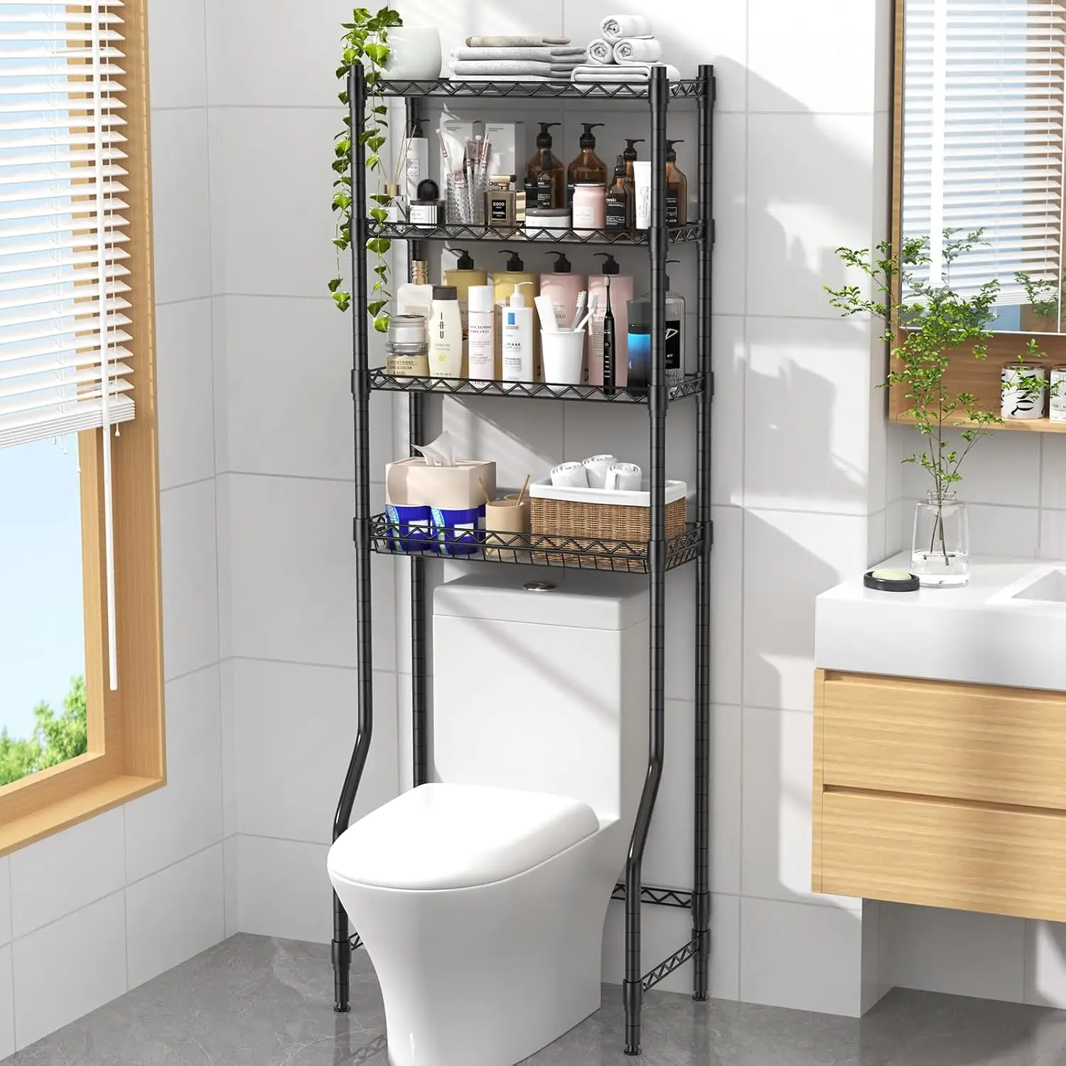 

4-Tier Over-The-Toilet Storage Rack with Adjustable Shelves and Basket, Bathroom Organizer for Small Spaces in Black
