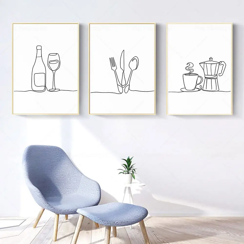 Abstract Line Drawing Coffee Wine Glass Cutlery Wall Art Canvas Painting Nordic Posters And Prints Pictures Kitchen Room Decor