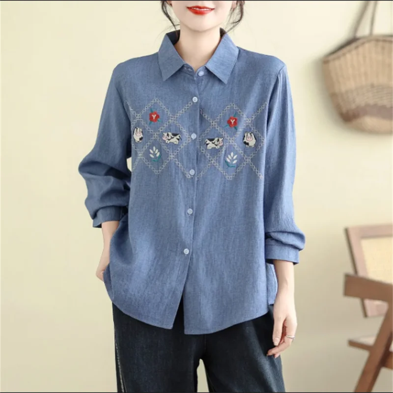 

Хлопковые льняные рубашки, женская блузка, джинсовая рубашка с вышивкой, толстый мм, художественный свободный топ в стиле ретро, женская блузка с длинными рукавами и лацканами