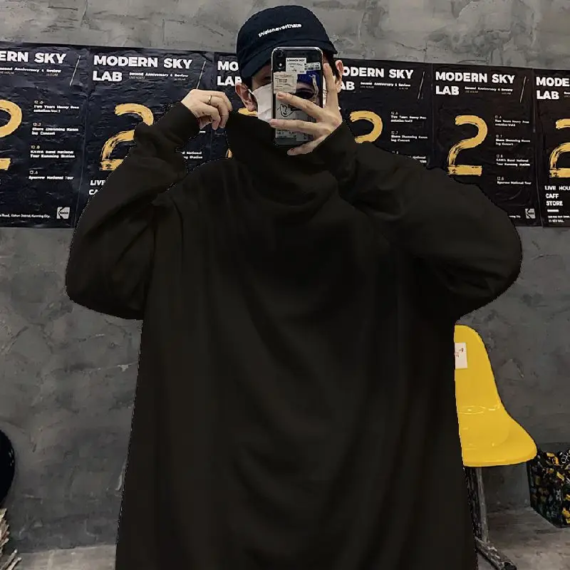 

Мужская осенне-зимняя свободная повседневная футболка с высоким воротником и длинными рукавами, термотоп, модная уличная одежда, удобный свитшот