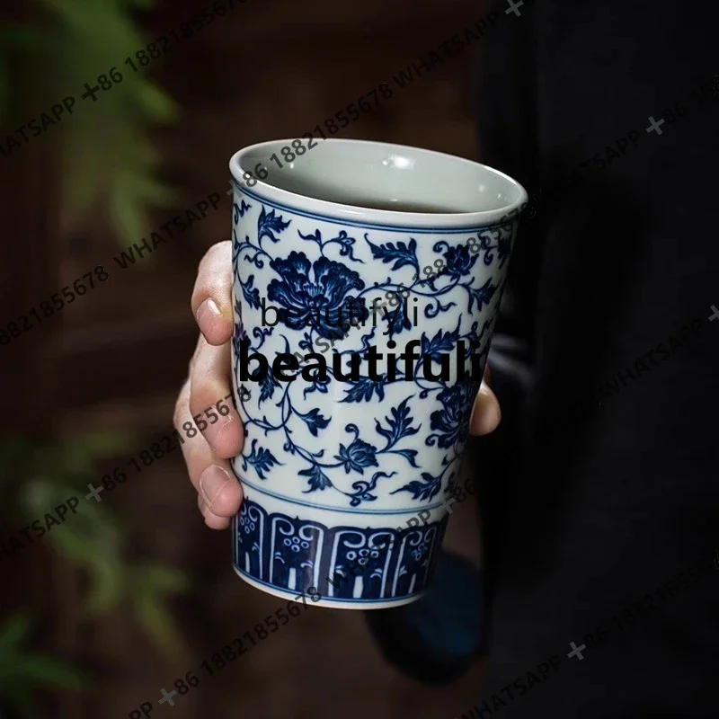 X New Minimalist Blue and White Water Lily Jingdezhen Ceramic Water Cup Portable Cup