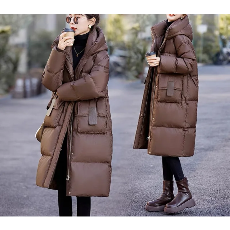 White Duck Down Jacket for Female, Large Version of Warm Hooded Coat, Loose Thickened Coat, Long Parkas, Leisure Fashion, Winter