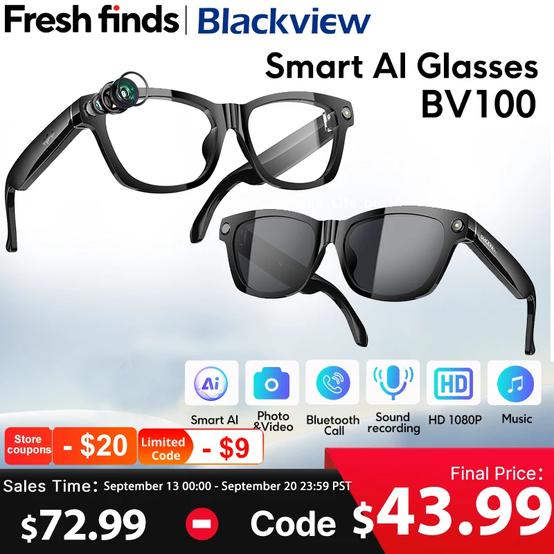 【World premiere】Blackview BV100 AI Smart glasses 800W Pixels 2K HD camera Bluetooth Call Voice Assistant Smart Glasses