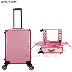 New trolley cosmetic bag large-capacity Professiona makeup case rolling luggage with LED light multi-function trolley suitcase