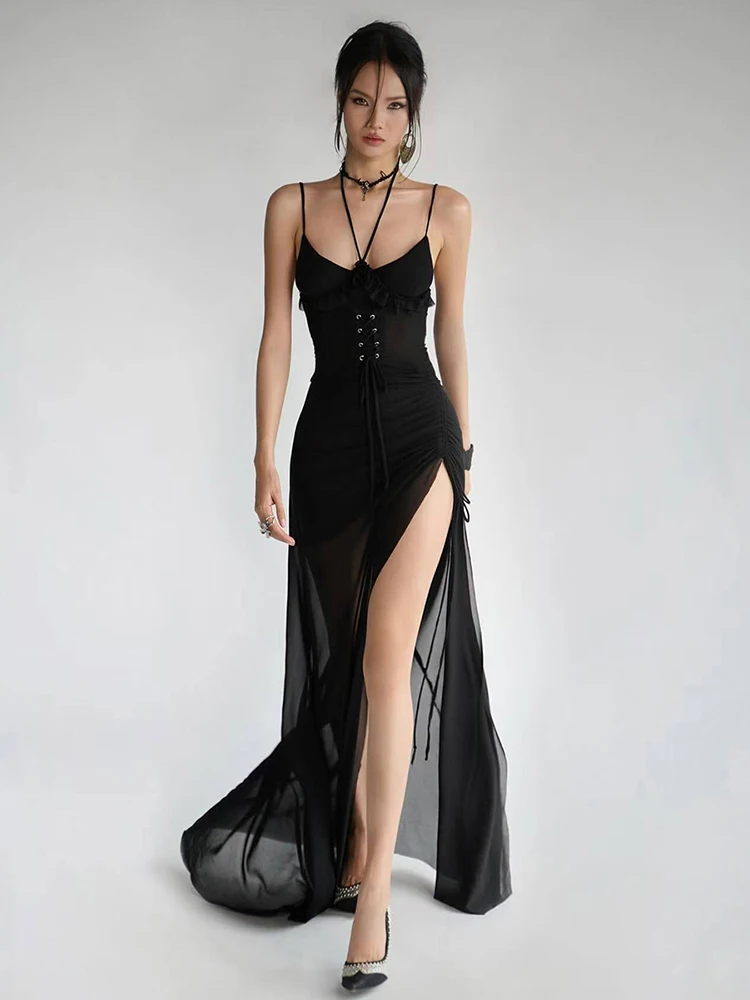 Sukienka na ramiączkach Weird Puss Coquette, damska, wiązana na szyi, marszczona, z falbankami, z siateczkowymi wstawkami, marszczone, seksowne, elastyczne, obcisłe, podkreślające pośladki, idealne na imprezę.