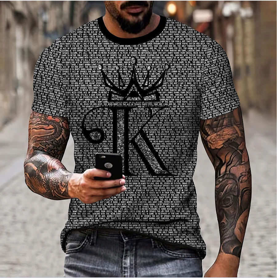 Camiseta casual de manga curta masculina, gola redonda, estampada padrão King, Street Wear