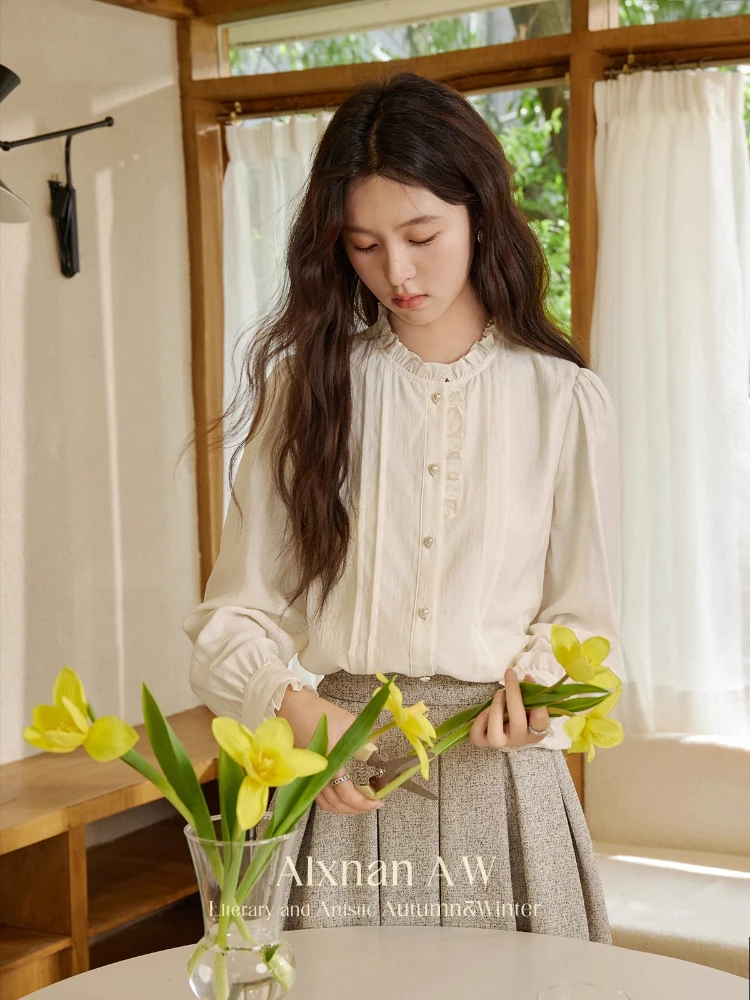 

ALXNAN женская рубашка во французском стиле с рюшами и пуговицами в стиле пэчворк, блузка с отложным воротником, повседневная рубашка для поездок на работу, женская QYM002220