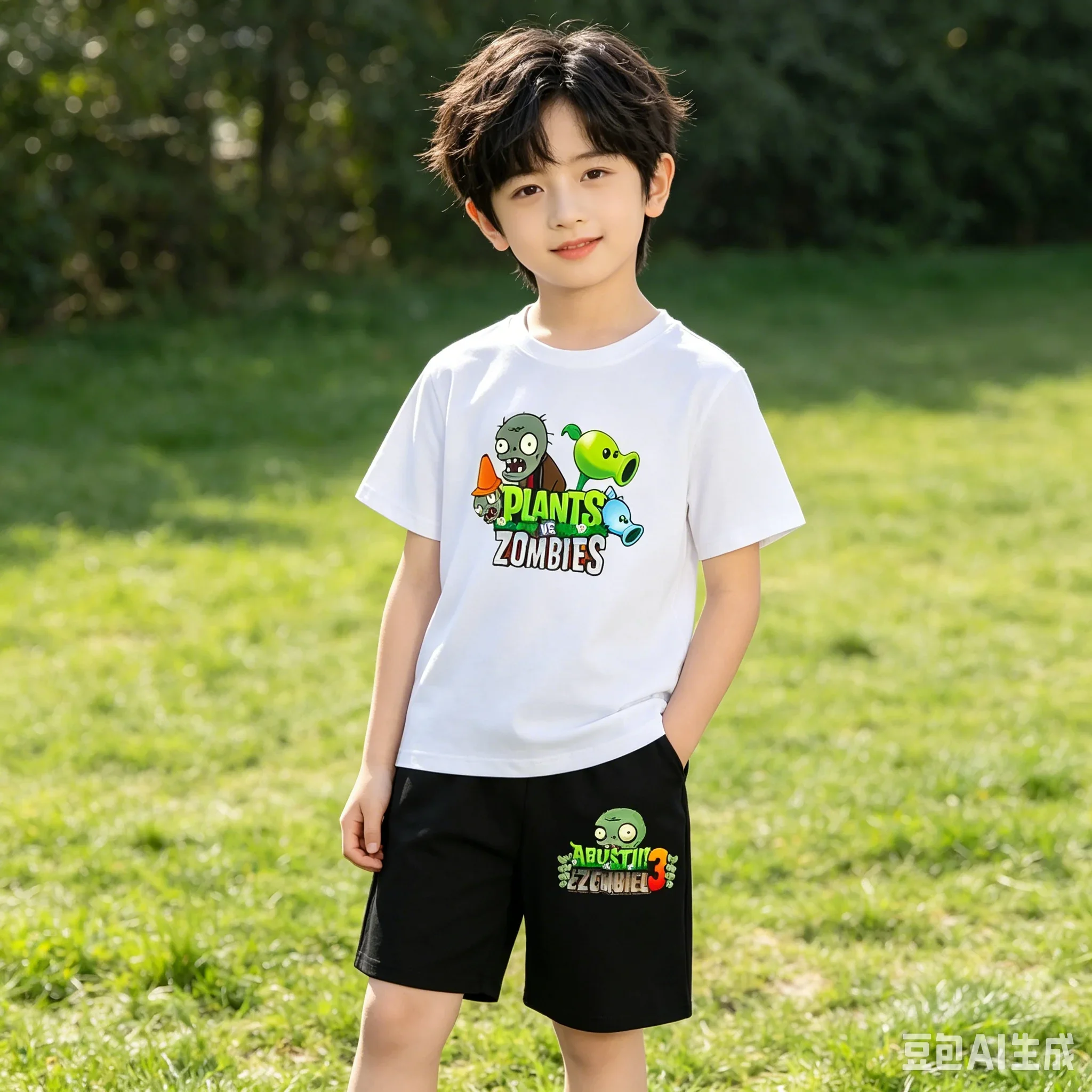 

Children's 2Pcs T-shirts Set 2-12 Years Boys & Girls Casual Top Short Sleeve Clothes Plant Anime Zombie Print Summer Suit