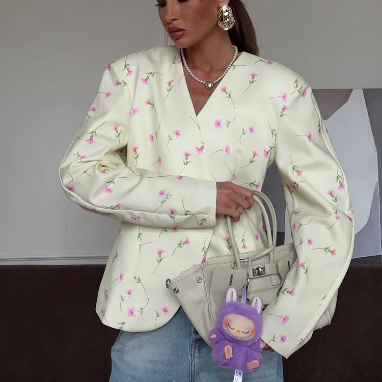 SKMY V-Neck Fashion Printed Blazer Jackets Clothes For Women Summer 2026 New Long Sleeve Cardigan Versatile Commuter Tops