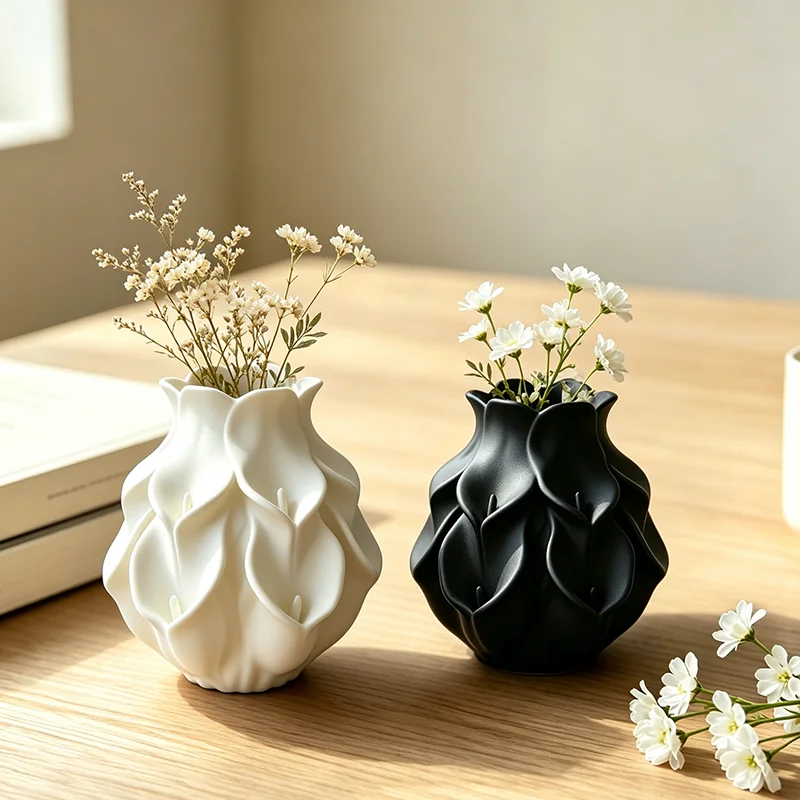 3D Printed Calla Lily Vase Black White Art Abstract Floral Bud Vase Modern Dry Flower Holder Tabletop Shelf Aesthetic Home Decor