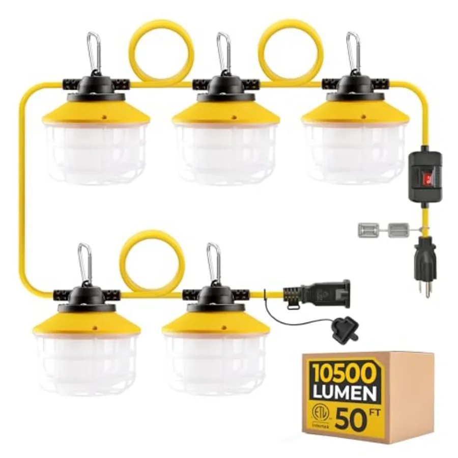 Outdoor Construction LED String Lights with Switch: Super Bright ETL Certified Industrial Temporary Hanging Lighting IP65 Water
