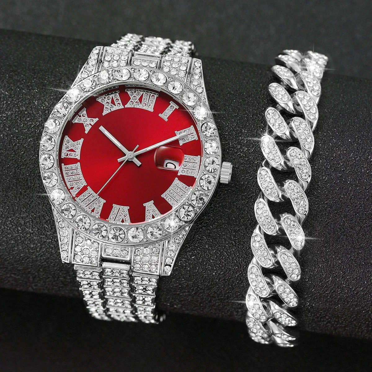 European and American Best-selling Men's Stainless Steel Hip-Hop Roman Numerals Diamond-Encrusted Calendar Student Quartz Watch