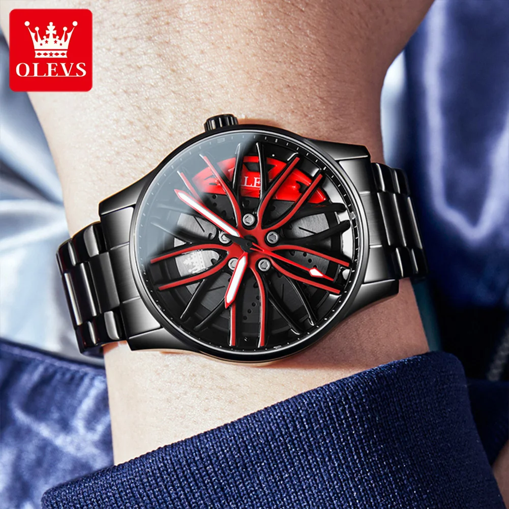 OLEVS-Relógio Quartz Masculino, Roda de Carro, Relógio de Pulso Masculino, Relógios Impermeáveis, Aço Completo, Hub Dial, Legal, Preto, Vermelho