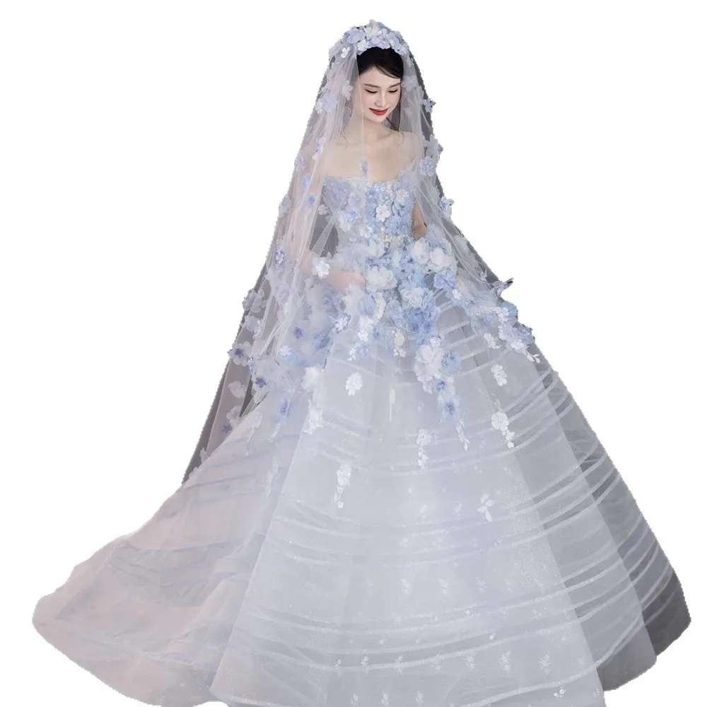 アイスブルーの花ウエディングドレスふわふわ妖精 Gilrs イブニングドレスオフショルダー 3D 花フォーマルドレス婚約ウェディングドレス