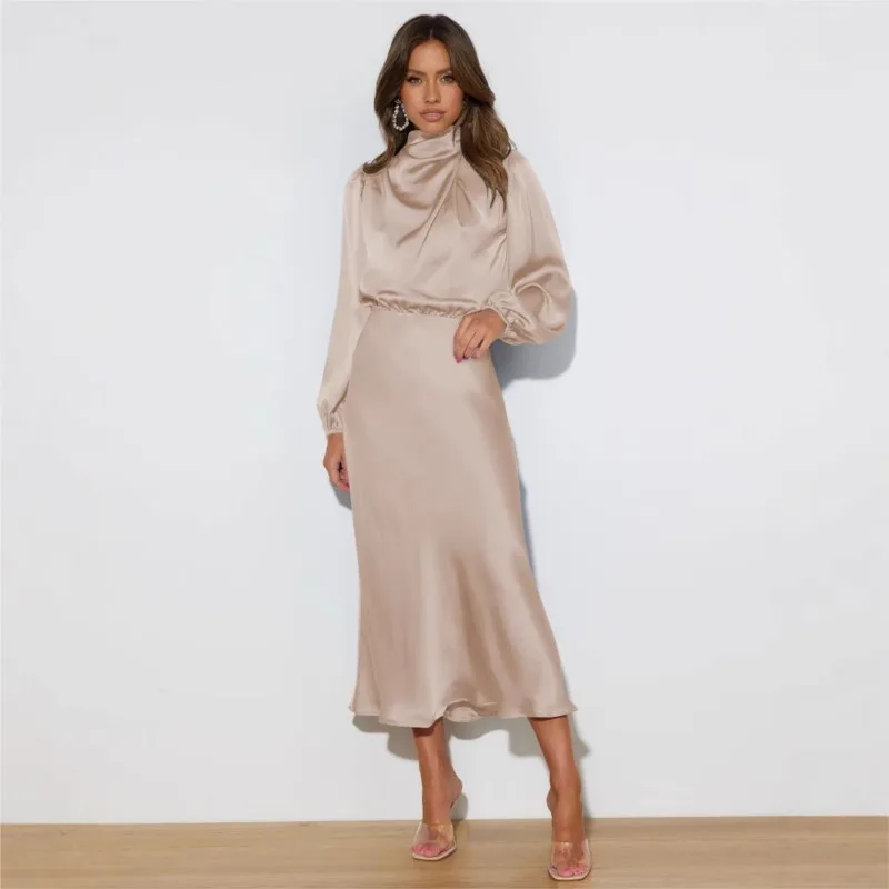 Design francês halter pescoço vestido outono feminino cetim droop vestidos de noite elegante sexy feminino cor sólida vestidos de dama de honra