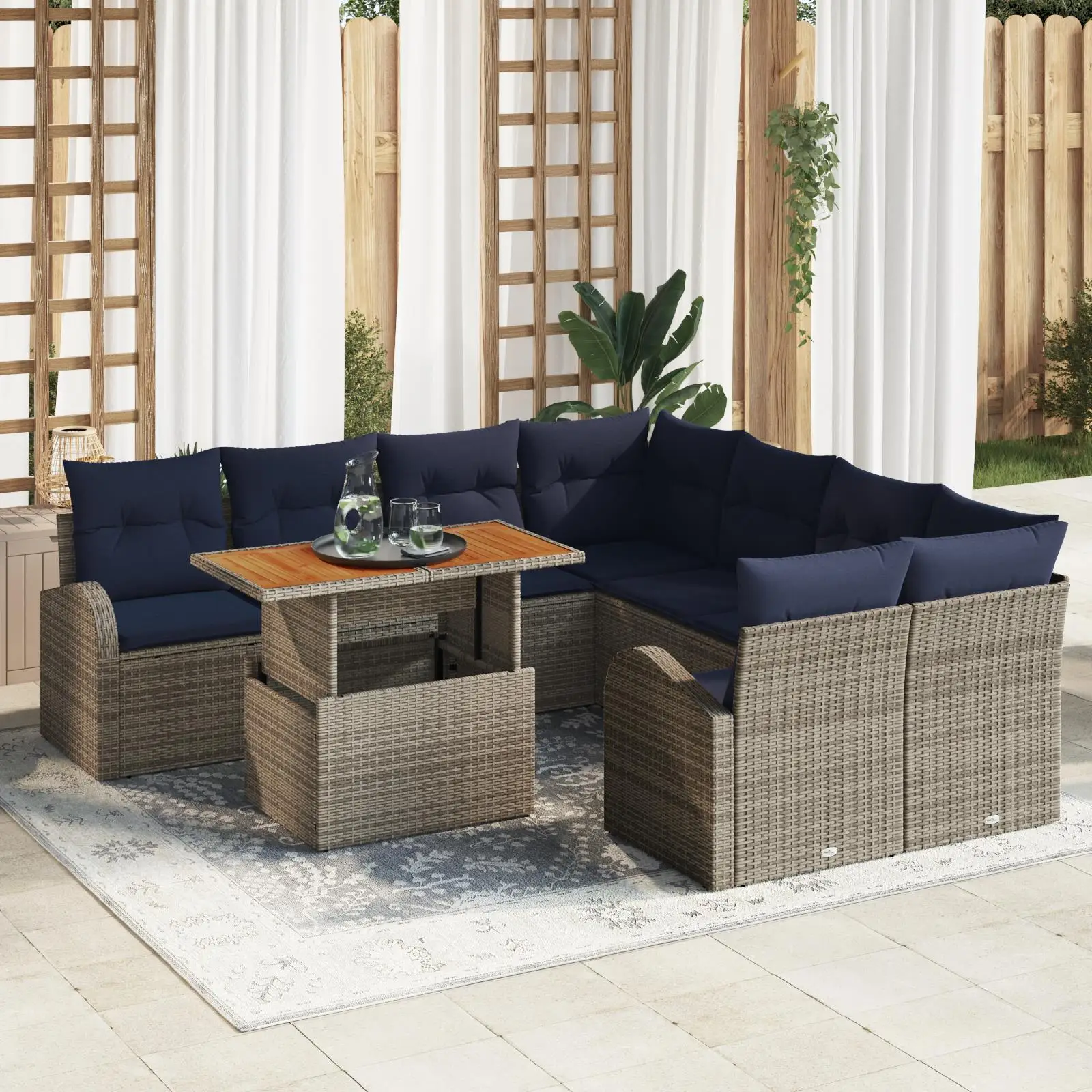 

9 Piece Outdoor Sofa Set with Grey Cushions Poly Rattan and Acacia Wood for Garden Patio or Balcony
