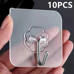 10PCS Transparent Stainless Steel Strong Self Adhesive Hooks Bathroom Towel Clothes Storage Sticker Hooks Key Hangers Storage