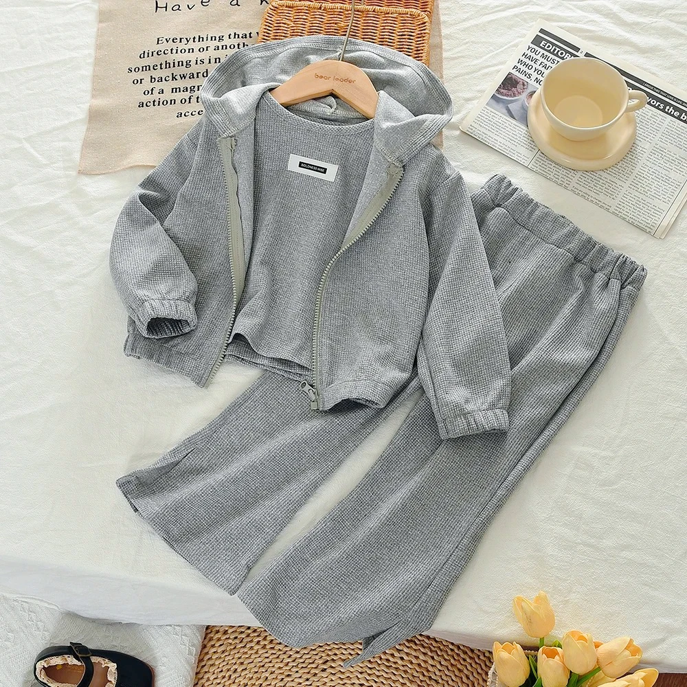 Spring and Autumn New Grey Kids Clothes Girls Fashion Three Piece Set Tank Top + Long Sleeve Zipper Hoodie + Bellbottom Pants