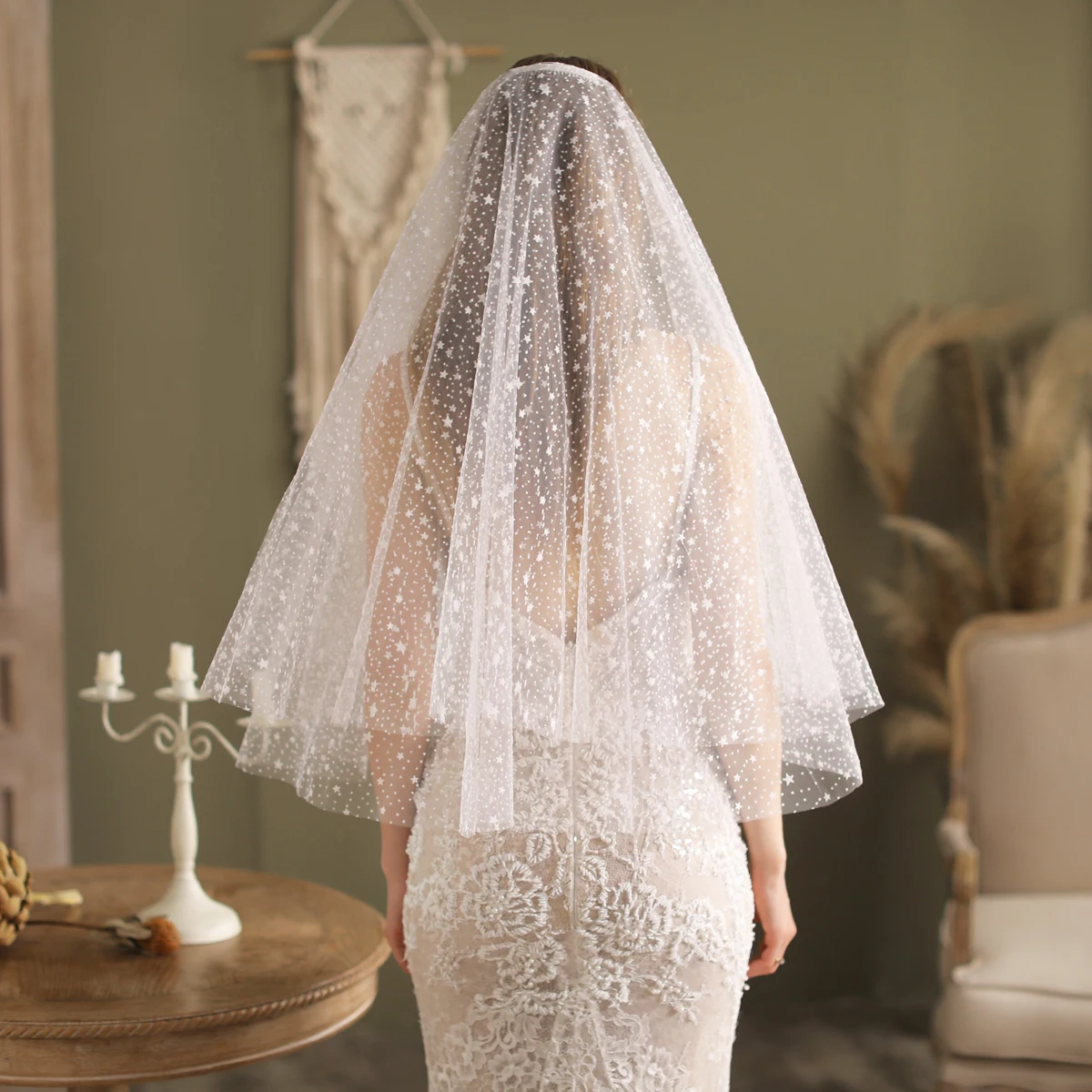 

V810 Exquisite Elbow Length Wedding Bridal Veil Two-Layer Plain Tulle Cut Scalloped Stars Sequined White Marriage Bride Veil