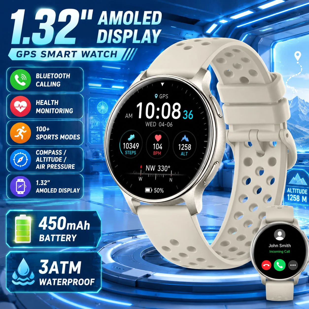 SmartWatch 100+Outdoor Sports 1.32 HD Large Screen Compass GPS Positioning 3ATM Waterproof Infographic Push Bluetooth SmartWatch