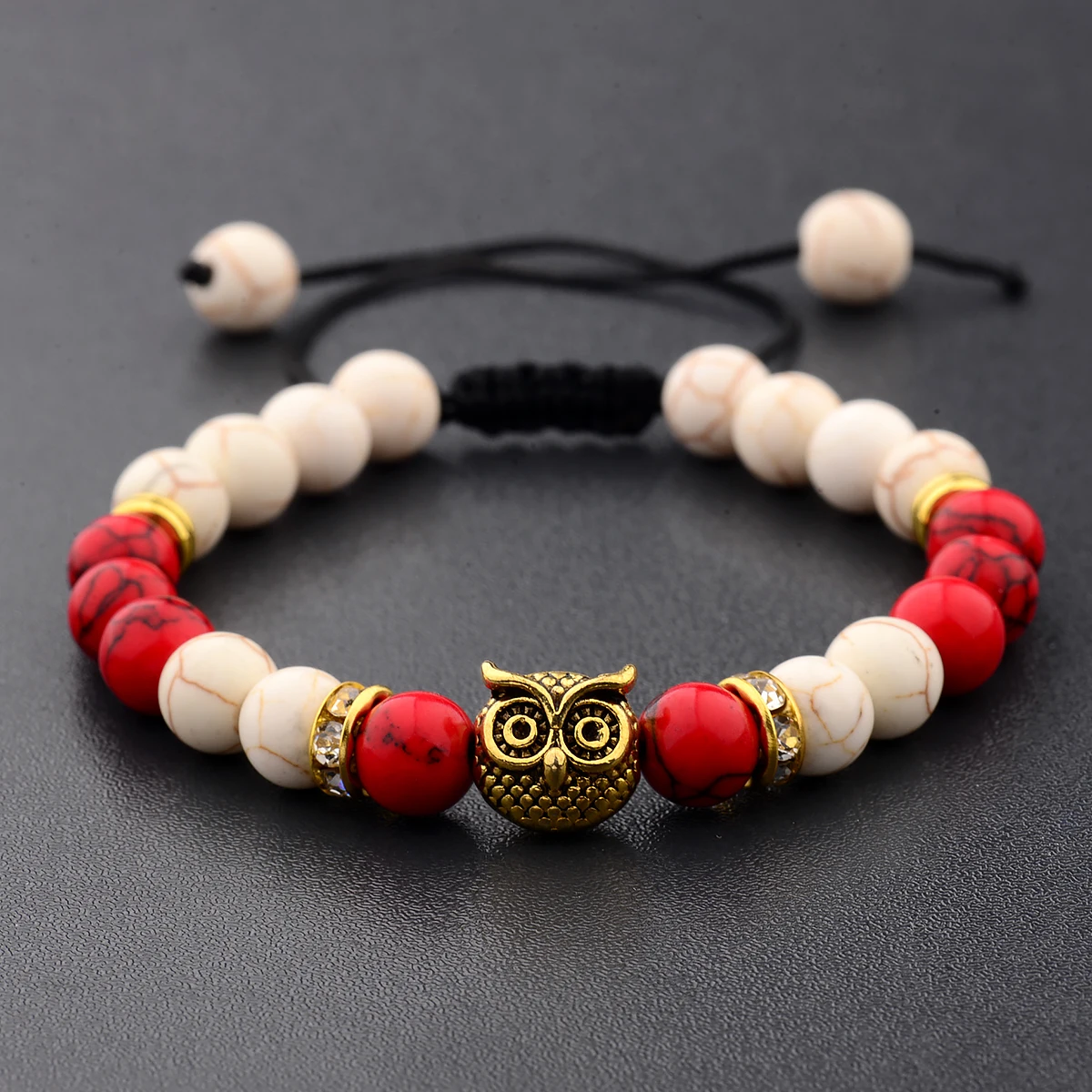 Designer Gold Color Owl Bracelets For Women Men Red White Natural Stone Beaded Braided Adjustable Bracelet Charm Fashion Jewelry