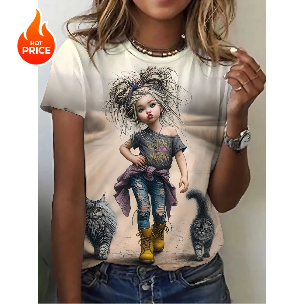Kaos Wanita Ukuran Besar Motif Kartun 3D Lengan Pendek Elegan Kasual Kerah Bulat Cepat Kering Bernapas Trendi Fashion