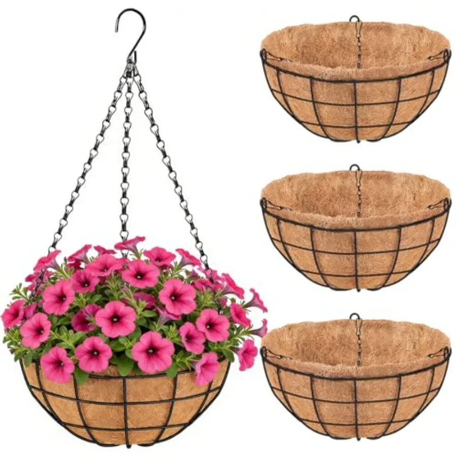

Outdoor 16-inch metal hanging planters with thick coco coir liners, black finish, weather-resistant for porch gardens, ferns, a