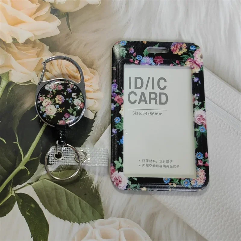 

Women Flower Bank Bus Credit Card Holder Cover Storage Card & ID Holders WithStudent Retractable Badge Reel Name Tag