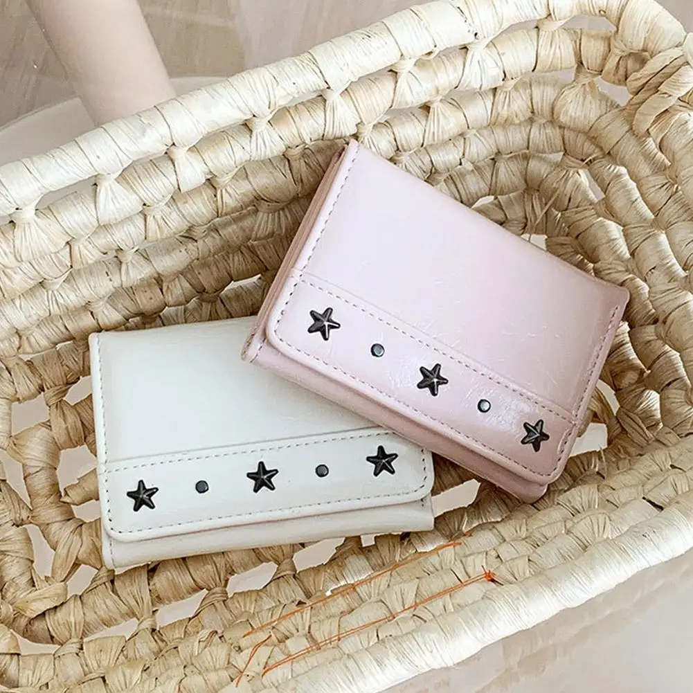 Women PU Leather Trifold Wallet With Star Rivets Mini Foldable Card Holder Purse Solid Color Cash Wallet For Daily Travel