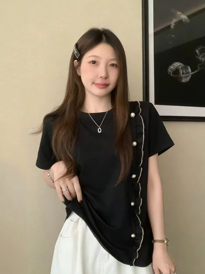 

plus Size Casual Versatile Loose Summer T-Shirt Short Sleeve Women's Shirt Conceals Flattering Slim Design Shoulder High Cott...