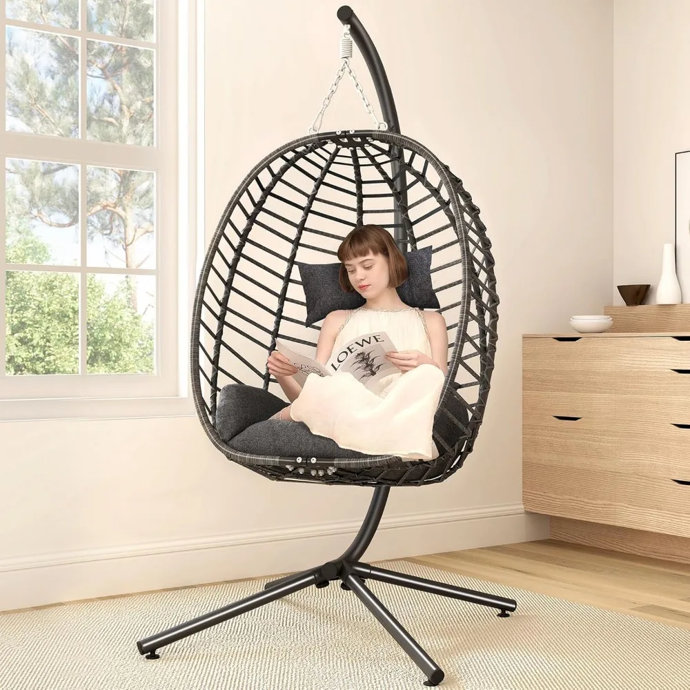 Egg Swing Chair with Stand, Outdoor Hanging Egg Chair with Stand, Indoor Eggs Chair with Cushion, Patio Wicker Swing Eggs