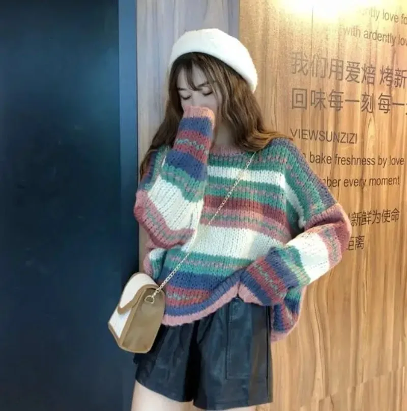 Spring Autumn New Sweet Rainbow Striped Thick Sweater Women Loose Lazy Wind Top Sweater Pullover Womens Sweaters