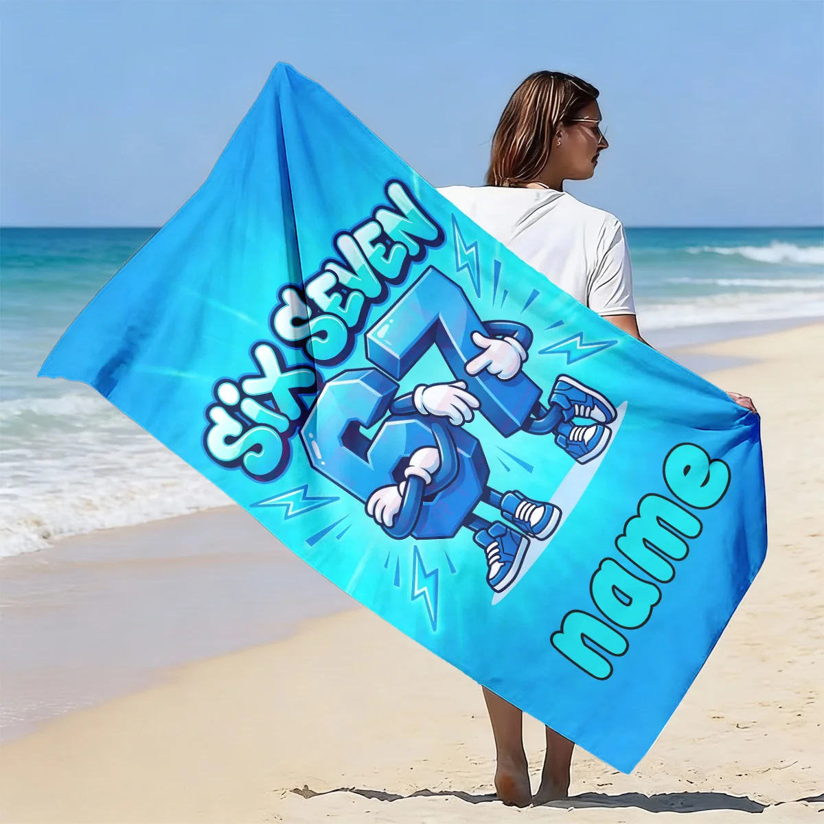 Personalized 67 Number Beach Towel, Custom Name Super Absorbent Quick Dry Microfiber Towel, Cartoon 67 Print Sandproof Blanket