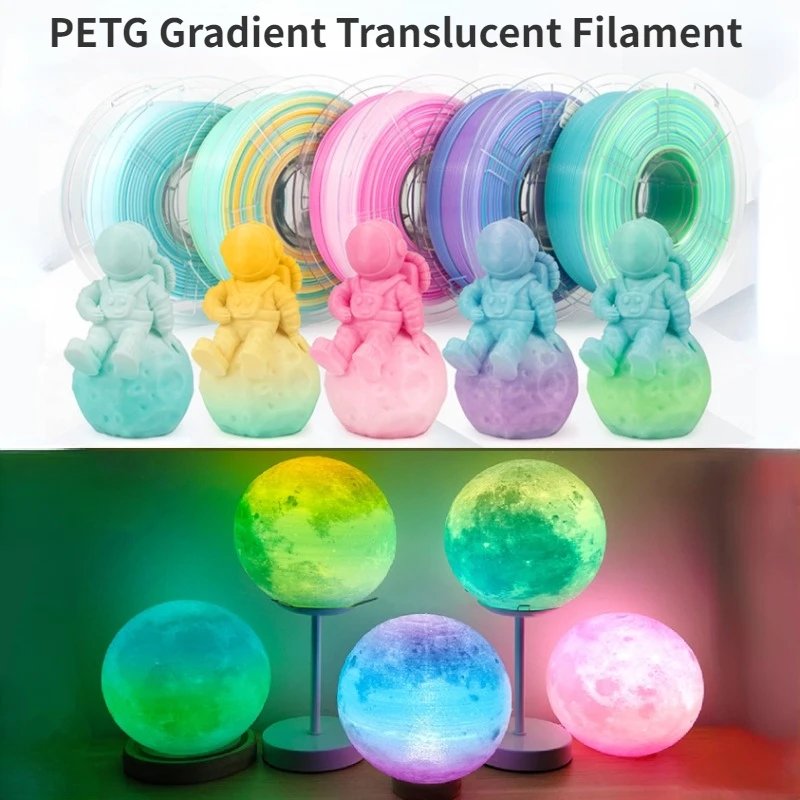 Rainbow Translucent PETG 3D Printer Filament 1.75mm,Light Transmission Feature,Good Layer Adhesion,Free-Tangle,Blue/White/Orange